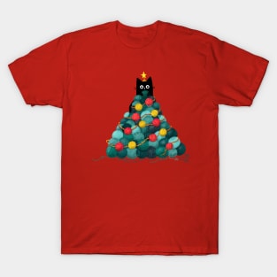 Black Cat in Yarn Christmas Tree T-Shirt